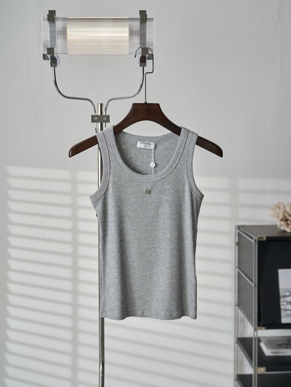 CHANEL Grey Ribbed Scoop Neck Tank Top